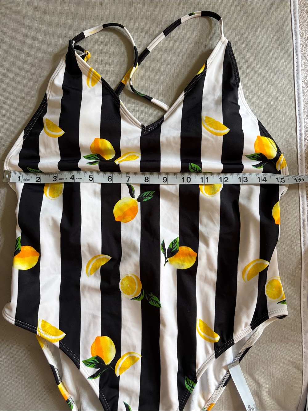 No Boundaries Black & White Striped One-Piece Swimsuit with Yellow Lemon Print - Picture 10 of 10